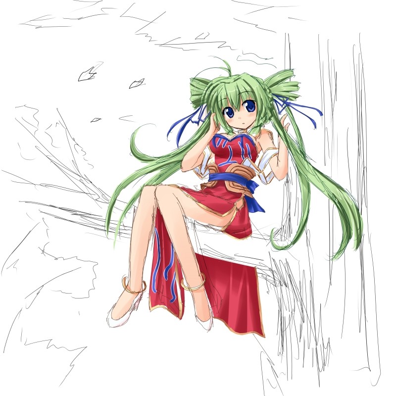 hoshi umi, liu meifeng, shuraki, 1girl, anklet, antenna hair, arm support, belt, blue eyes, blush, china dress, chinese clothes, dress, drill hair, female focus, green hair, high heels, in tree, jewelry, leaf, long hair, outdoors, shoes, sitting, sitting in tree, sketch, solo, tree, twintails, very long hair