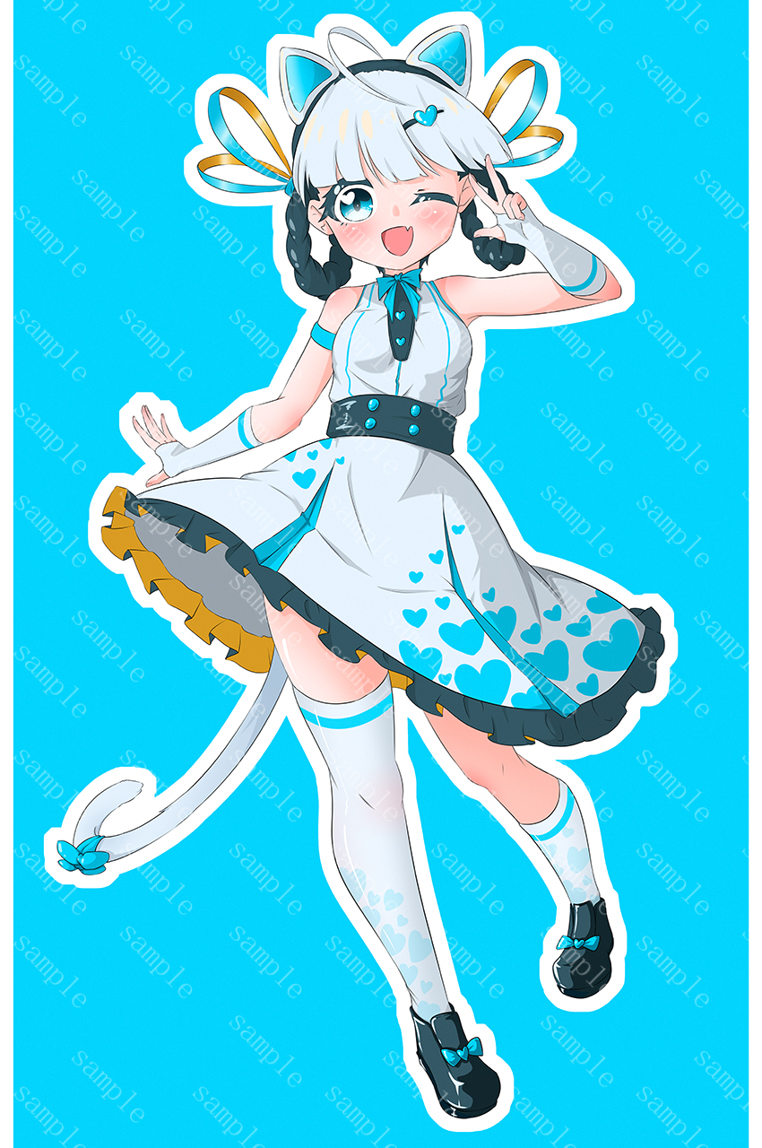 v-san (xhhh3553), bambinata (pgr), punishing: gray raven, highres, 1girl, ahoge, alternate costume, animal ears, asymmetrical legwear, black hair, blue eyes, bow, braid, braided hair rings, cat ears, cat tail, dress, fake animal ears, fang, fingerless gloves, full body, gloves, hair ornament, hair rings, heart, heart-shaped pupils, mismatched legwear, multicolored hair, one eye closed, skin fang, sleeveless, sleeveless dress, symbol-shaped pupils, tail, tail bow, tail ornament, two-tone hair, watermark, white dress, white gloves, white hair