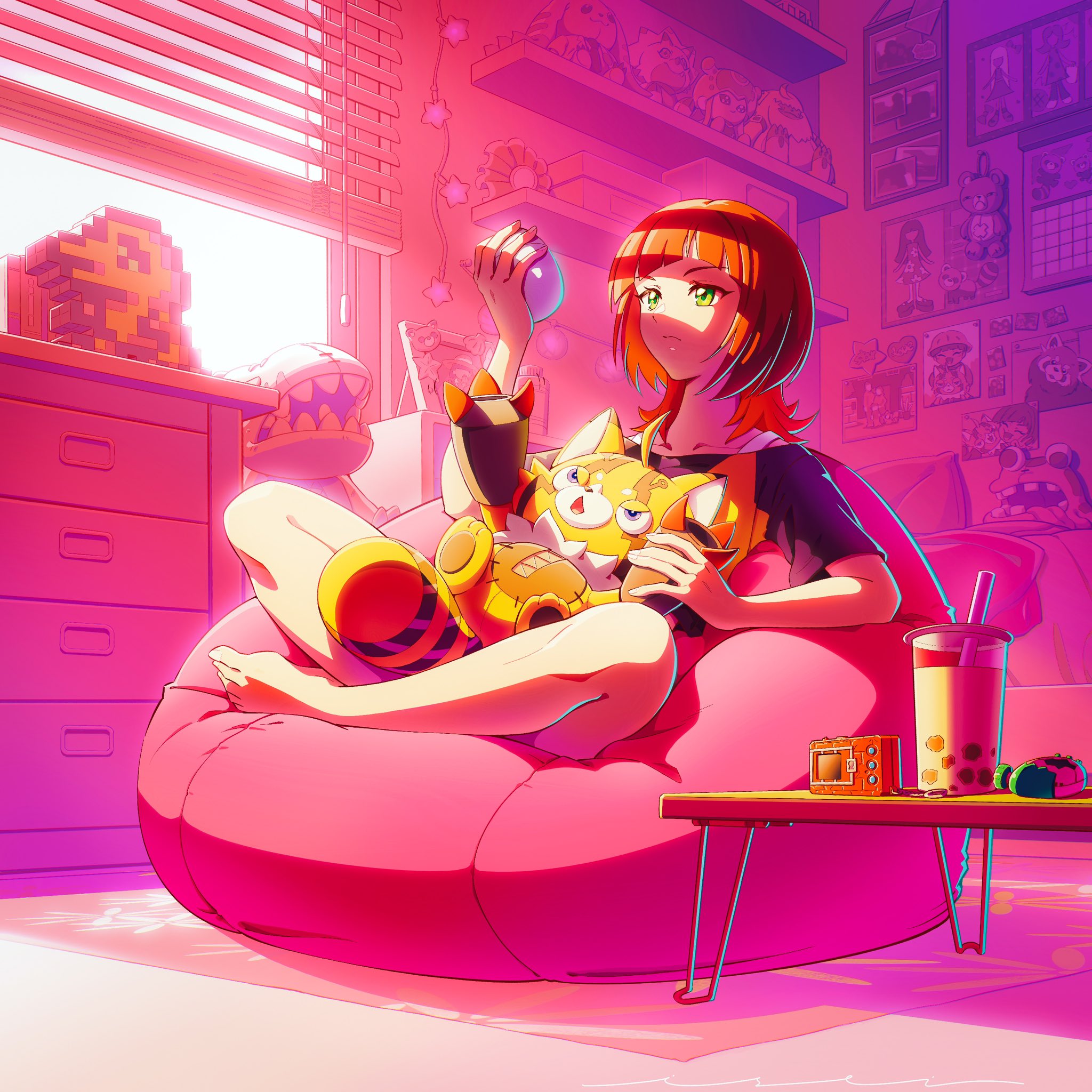 isei0212, agumon, pristimon, sakuya reina, digimon, digimon beatbreak, highres, 1girl, black shirt, brown hair, bubble tea, digimon (creature), indoors, medium hair, orange hair, shirt, sitting, stuffed toy