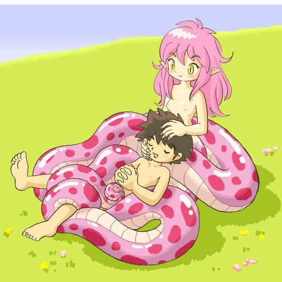 pukao, original, 1boy, 1girl, barefoot, breasts, censored, closed eyes, coiled, feet, grass, happy, hetero, lamia, loli, long hair, monster, monster girl, mosaic censoring, nipples, nude, outdoors, penis, pink hair, short hair, shota, sleeping, small penis, smile, soles, tail, tailjob, toes, yellow eyes, zenra