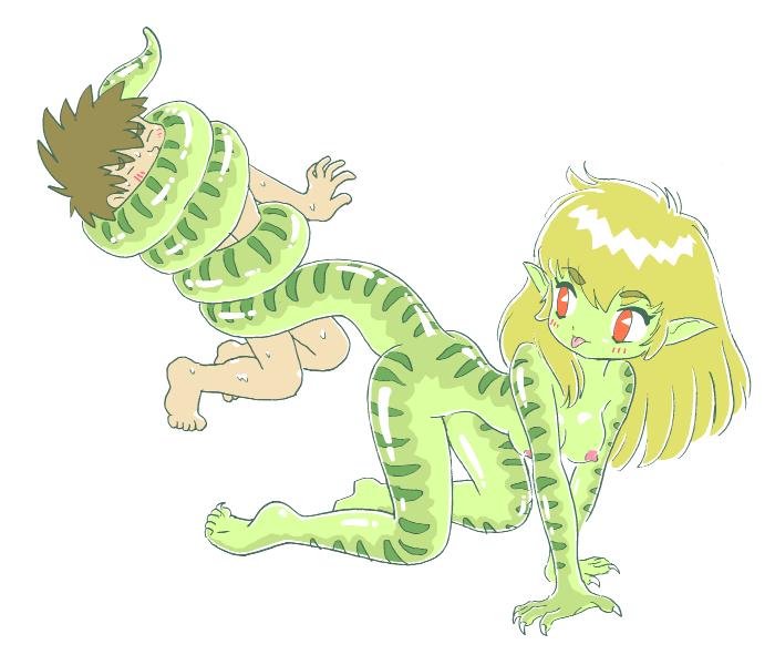 pukao, 1boy, 1girl, blonde hair, hetero, monster girl, nude, rape, reptile girl, shota, tail, tongue