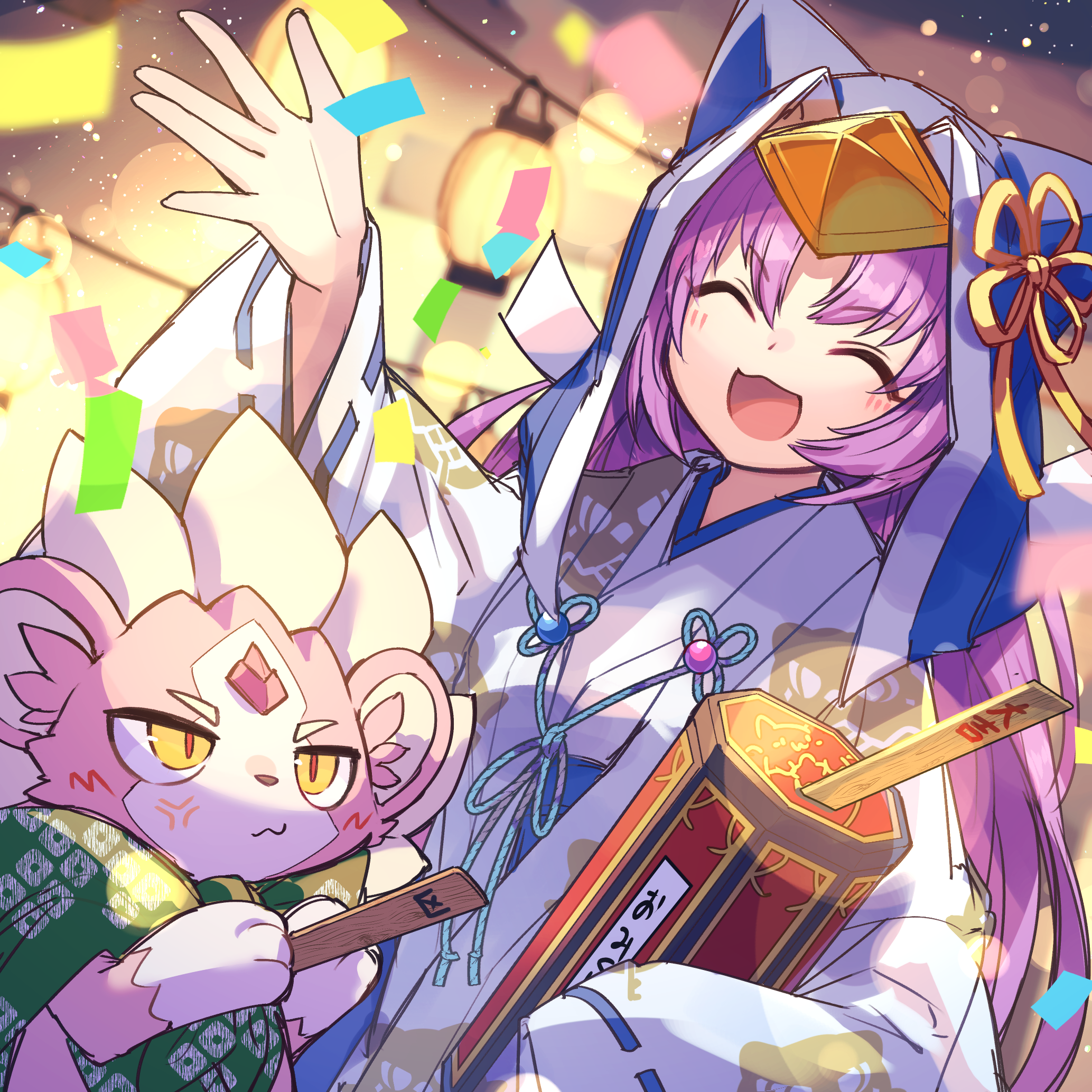 kuuron (moesann17), puzzle & dragons, highres, 1girl, ^ ^, animal, closed eyes, confetti, festival, hair ornament, happy, hood, japanese clothes, kimono, lantern, long hair, long sleeves, menuit (p&d), open mouth, purple hair, ribbon, smile, very long hair, white kimono, yellow eyes
