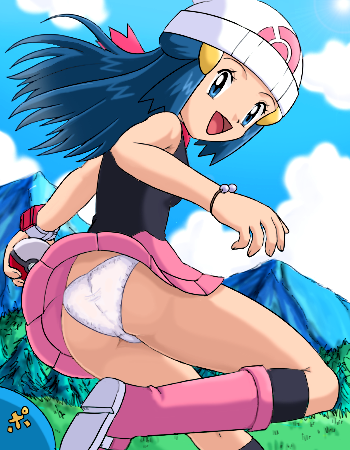 pokemoa, dawn (pokemon), nintendo, pokemon, lowres, non-web source, 1girl, ass, beanie, blue eyes, blue hair, boots, clothes lift, female focus, grass, hat, long hair, matching hair/eyes, miniskirt, mountain, panties, pantyshot, pink boots, poke ball, scarf, skirt, skirt lift, solo, tree, underwear, upskirt, wind, wind lift
