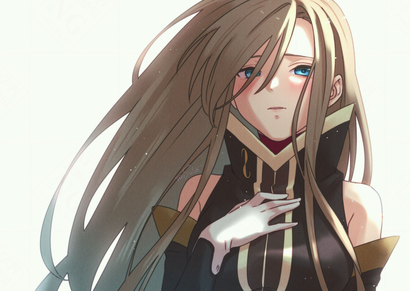 mifuta, tear grants, tales of (series), tales of the abyss, hashtag-only commentary, 1girl, bare shoulders, blue eyes, blush, breasts, brown dress, brown hair, brown sleeves, detached sleeves, dress, gloves, hair between eyes, hand on own chest, high collar, long hair, looking at viewer, medium breasts, parted lips, simple background, sleeveless, sleeveless dress, solo, straight-on, turtleneck, upper body, white gloves