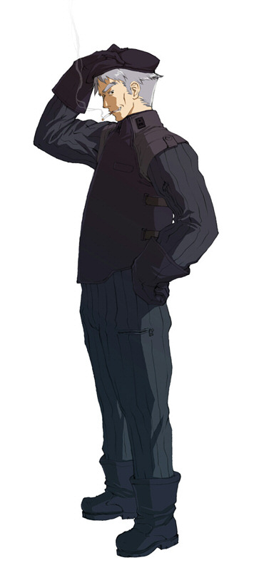 wadatsumi garland, gil graham, lyrical nanoha, mahou shoujo lyrical nanoha, mahou shoujo lyrical nanoha strikers, silver hair, 00s, 1boy, ankle boots, arm up, beret, black boots, black eyes, black gloves, black hat, black pants, boots, bulletproof vest, cigarette, full body, gloves, grin, hand on headwear, hand on own hip, hat, long sleeves, looking at viewer, looking to the side, male focus, pants, parted bangs, pinstripe pants, pinstripe pattern, pocket, simple background, smile, smoke, smoking, solo, standing, striped clothes, striped pants, thick eyebrows, vertical-striped clothes, vertical-striped pants, white background, zipper