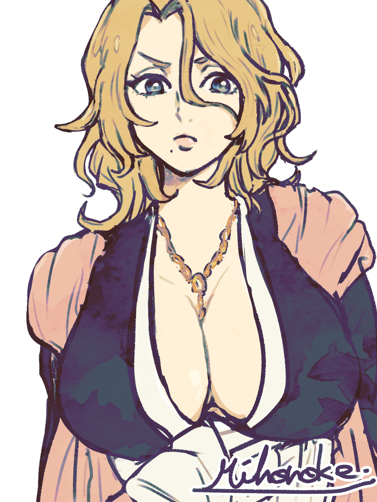 mihonoke 63, matsumoto rangiku, bleach, bleach: sennen kessen-hen, 1girl, 2024, artist name, blonde hair, blue eyes, breasts, chain, chain necklace, female focus, japanese clothes, jewelry, large breasts, lips, medium hair, mole, mole under mouth, necklace, pink shawl, shawl, shihakusho, simple background, upper body, white background