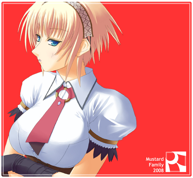 minazuki jiyun, 1girl, aqua eyes, blonde hair, breasts, close-up, corset, female focus, gloves, hairband, large breasts, necktie, short hair, simple background, solo