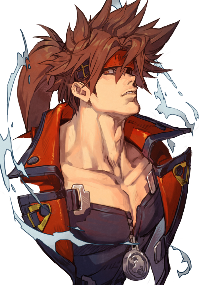 hungry clicker, sol badguy, guilty gear, 1boy, black shirt, brown eyes, brown hair, collarbone, high ponytail, long hair, male focus, muscular, muscular male, ponytail, red vest, shirt, simple background, solo, vest, white background