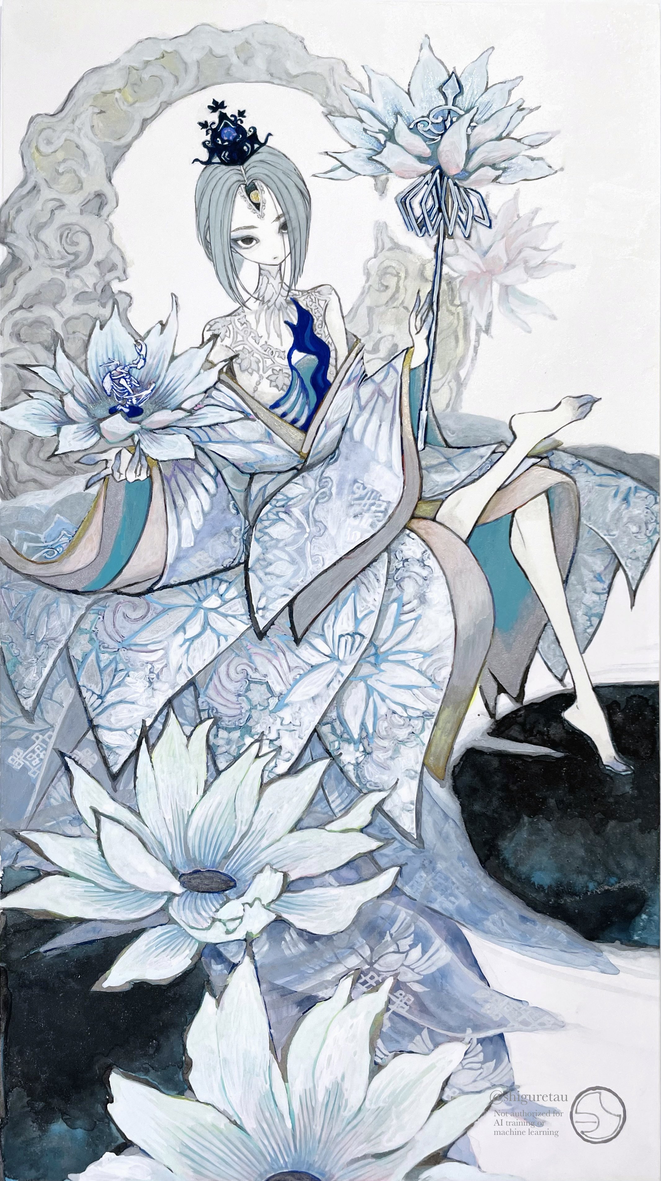 shiguretau, original, absurdres, highres, 1girl, artist name, bare legs, bare shoulders, barefoot, black crown, black eyeliner, black eyes, blue eyeshadow, blue hair, bob cut, crossed legs, crown, extra eyes, eyeliner, eyeshadow, facing viewer, flower, inverted bob, japanese clothes, kimono, kimono pull, looking at viewer, lotus, makeup, print kimono, short hair, signature, simple background, sitting, solo, tattoo