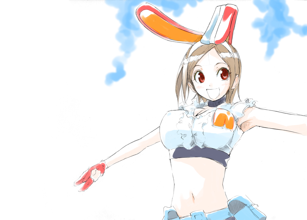 nylon (nylon 100%), tsukishiro mina, getsumento heiki miina, 00s, animal ears, breasts, brown hair, gloves, huge breasts, midriff, rabbit ears, red eyes, short hair, solo