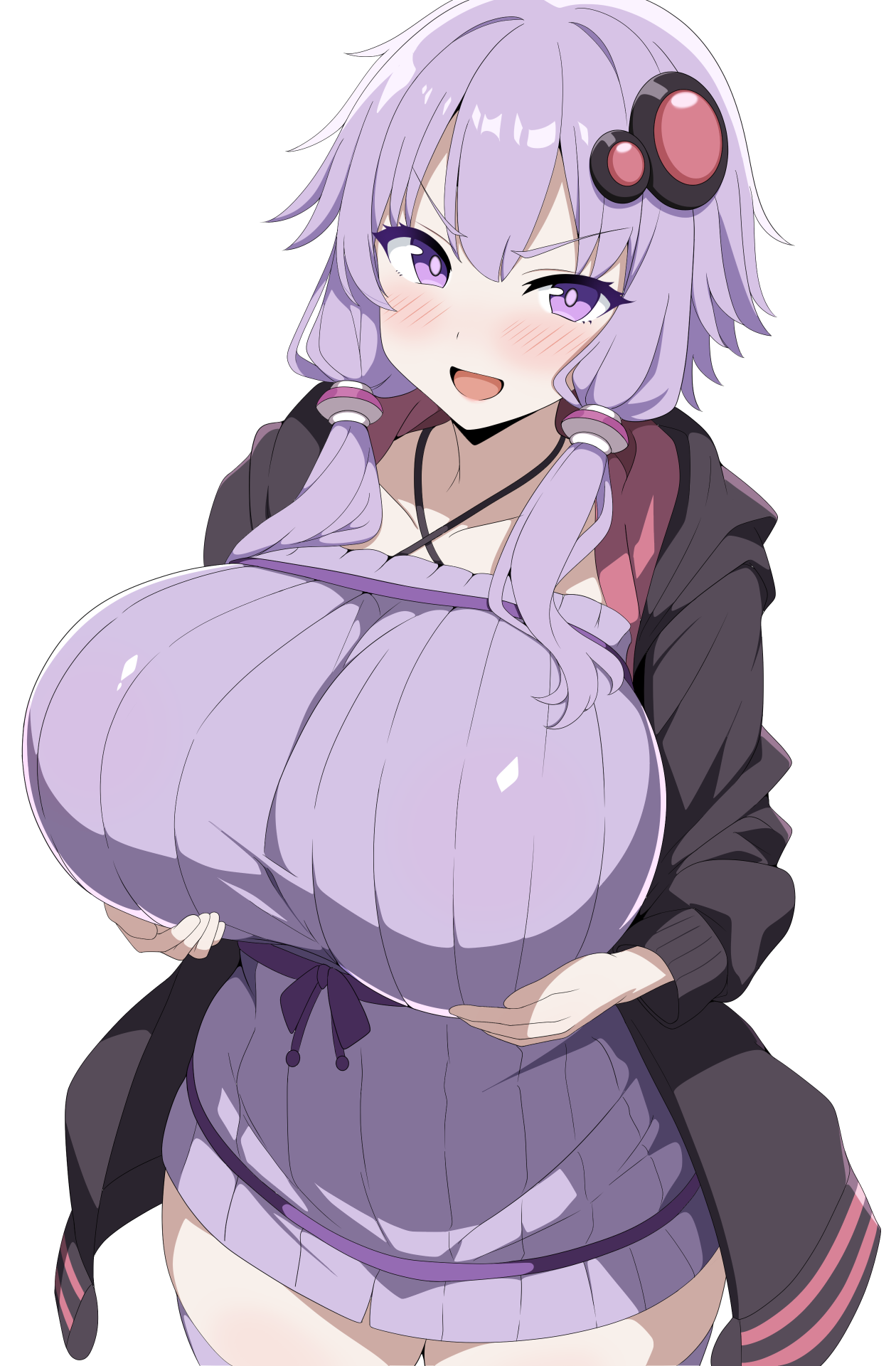 shiguren 39, yuzuki yukari, voiceroid, highres, 1girl, alternate breast size (larger), black hoodie, blush, breasts, collarbone, doyagao, dress, hood, hoodie, huge breasts, long sleeves, looking at viewer, low twintails, medium hair, open clothes, open hoodie, open mouth, pink hoodie, purple dress, purple eyes, purple hair, purple ribbon, ribbon, short twintails, simple background, smile, smug, solo, thighs, twintails, two-tone hoodie, white background