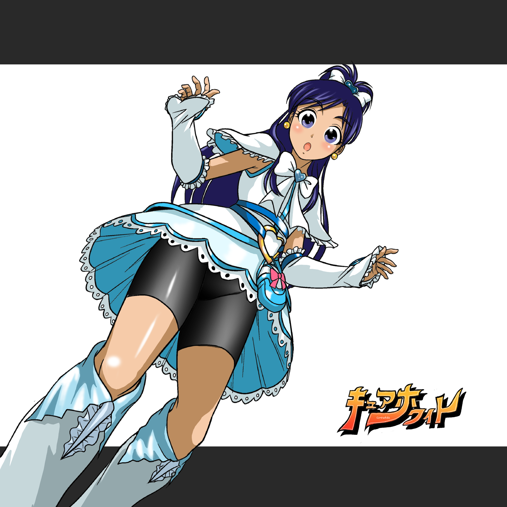 takaya n, cure white, yukishiro honoka, futari wa precure, precure, highres, 00s, 1girl, bike shorts, blue eyes, blue hair, boots, brooch, character name, eyelashes, female focus, half updo, heart, heart brooch, jewelry, knee boots, long hair, magical girl, matching hair/eyes, solo, white boots