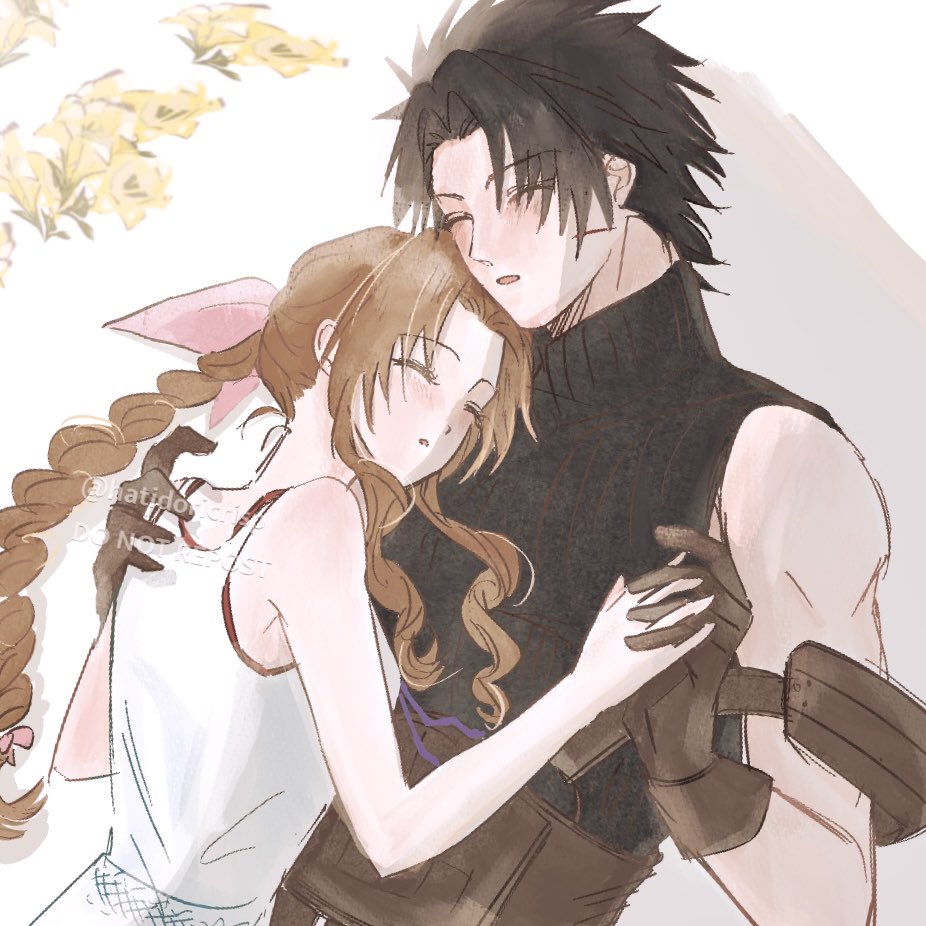 aerith gainsborough, zack fair, crisis core final fantasy vii, final fantasy, final fantasy vii, 1boy, 1girl, bare shoulders, black hair, black sweater, blush, braid, braided ponytail, brown gloves, brown hair, closed eyes, couple, dress, facial scar, flower, gloves, hair ribbon, hand on another's shoulder, hatidoricrisp, heads together, height difference, holding hands, interlocked fingers, long hair, parted bangs, parted lips, pink ribbon, ponytail, ribbed sweater, ribbon, scar, scar on cheek, scar on face, sleeping, sleeveless, sleeveless turtleneck, spiked hair, sweater, turtleneck, turtleneck sweater, upper body, white dress, yellow flower