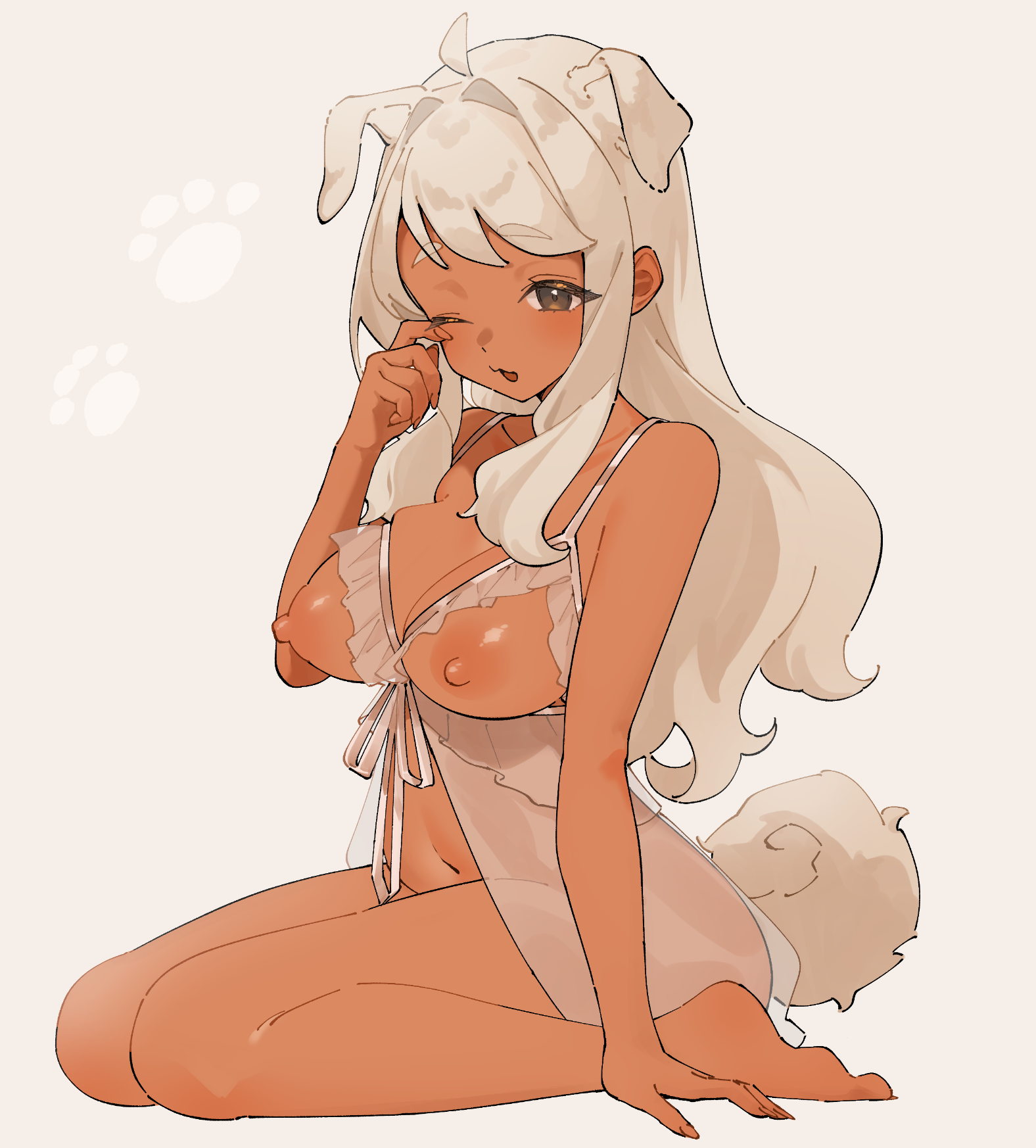 dareka3ab, original, curled tail, commission, highres, second-party source, 1girl, :3, ahoge, animal ears, arm at side, babydoll, bare legs, barefoot, borrowed character, breasts, brown eyes, dark-skinned female, dark skin, dog ears, dog girl, dog tail, extra ears, floppy ears, full body, gradient background, hand rest, hand up, large breasts, long hair, looking ahead, navel, nipples, parted lips, paw print, raised eyebrows, revealing clothes, rubbing eyes, see-through babydoll, see-through clothes, sidelocks, sitting, sleepwear, solo, swept bangs, tail, very long hair, wariza, wavy hair, white babydoll, white hair, white tail