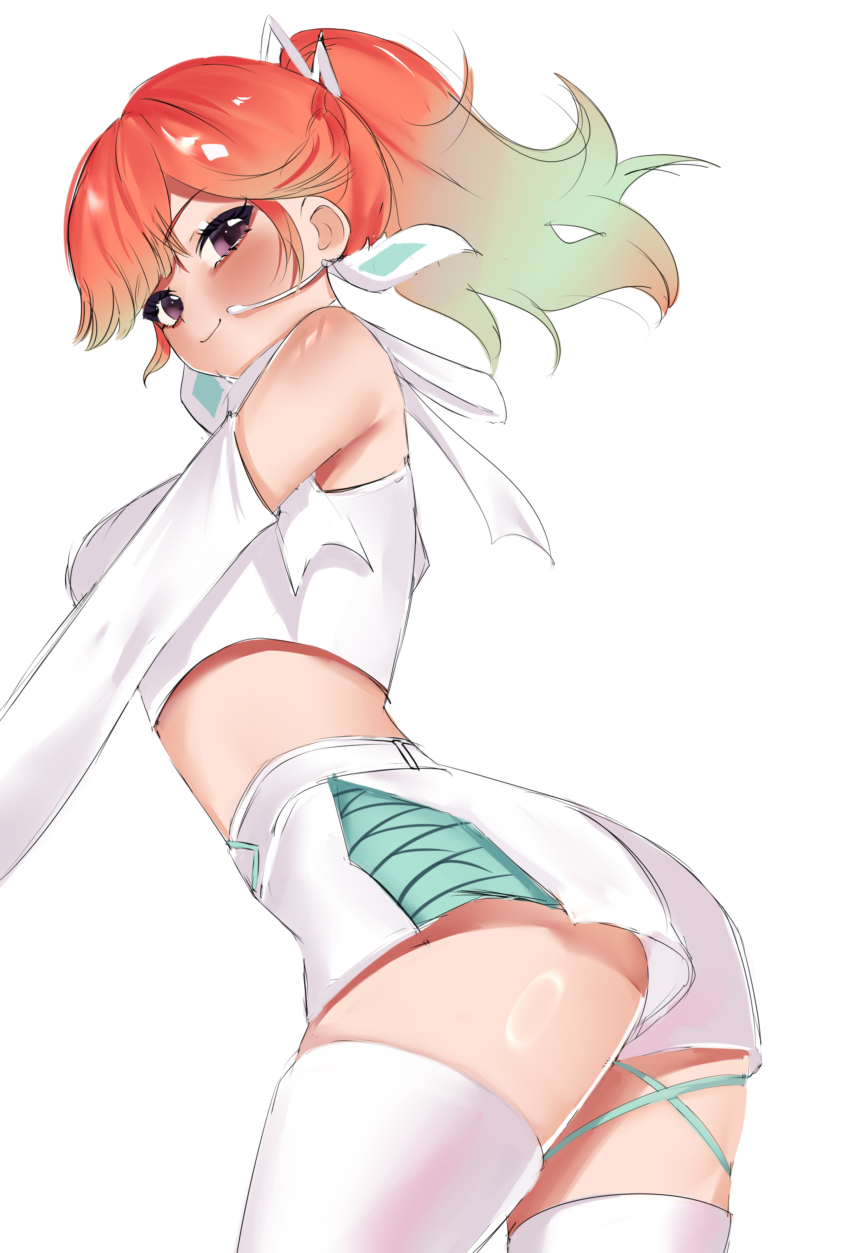 oioi ainomo, takanashi kiara, hololive, hololive english, mirage (takanashi kiara), absurdres, highres, 1girl, ass, blush, breasts, closed mouth, crop top, earpiece, gradient hair, green hair, high ponytail, medium breasts, midriff, multicolored hair, official alternate costume, orange hair, ponytail, purple eyes, shirt, short shorts, shorts, simple background, smile, solo, thighhighs, thighs, virtual youtuber, white background, white shirt, white shorts, white thighhighs