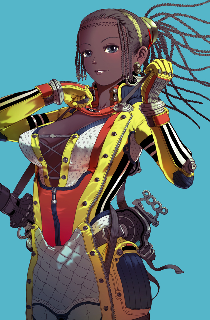 nagasawa shin, original, 1girl, black hair, blue eyes, braid, breasts, cleavage, dark-skinned female, dark skin, female focus, gloves, grey eyes, jewelry, large breasts, solo, v, zipper