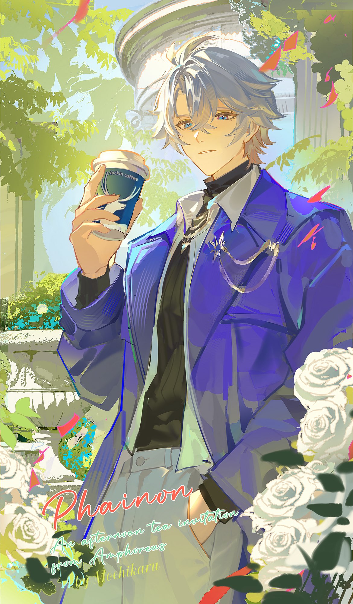 moehikaru, phainon (honkai: star rail), honkai: star rail, honkai (series), flower request, hashtag-only commentary, highres, 1boy, artist name, black sweater, blue coat, blue eyes, character name, closed mouth, coat, cowboy shot, cup, disposable coffee cup, disposable cup, flower, hair between eyes, hand in pocket, jewelry, long sleeves, looking at viewer, male focus, necklace, official alternate costume, open clothes, open coat, pants, phainon (luckin coffee) (honkai: star rail), plant, potted plant, rose, shirt tucked in, short hair, solo, standing, sweater, white flower, white hair, white pants, white rose