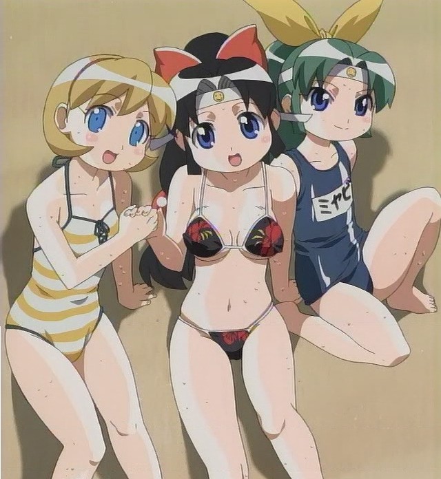 ishikawa hideki, miyabi, shinobu (ninin ga shinobuden), shiranui kaede, ninin ga shinobuden, anime screenshot, stitched, third-party edit, 00s, 3girls, barefoot, beach, bikini, black hair, blonde hair, blue eyes, blunt bangs, blush, bow, breasts, green hair, hair bow, hairband, happy, headband, holding hands, long hair, looking at viewer, low-tied long hair, medium breasts, multiple girls, name tag, one-piece swimsuit, school swimsuit, short hair, sitting, small breasts, smile, smiley face, striped clothes, striped one-piece swimsuit, swimsuit, underboob, wet