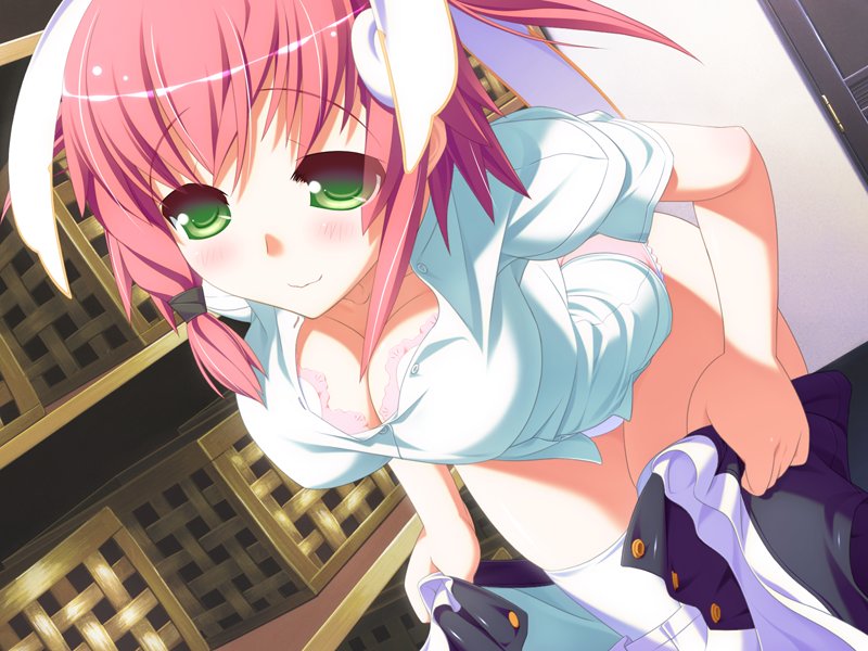 aikawa hinae, thirua panic, game cg, 1girl, blush, bra, breasts, cleavage, dressing, female focus, green eyes, lingerie, panties, pink hair, red hair, solo, thighhighs, underwear, undressing