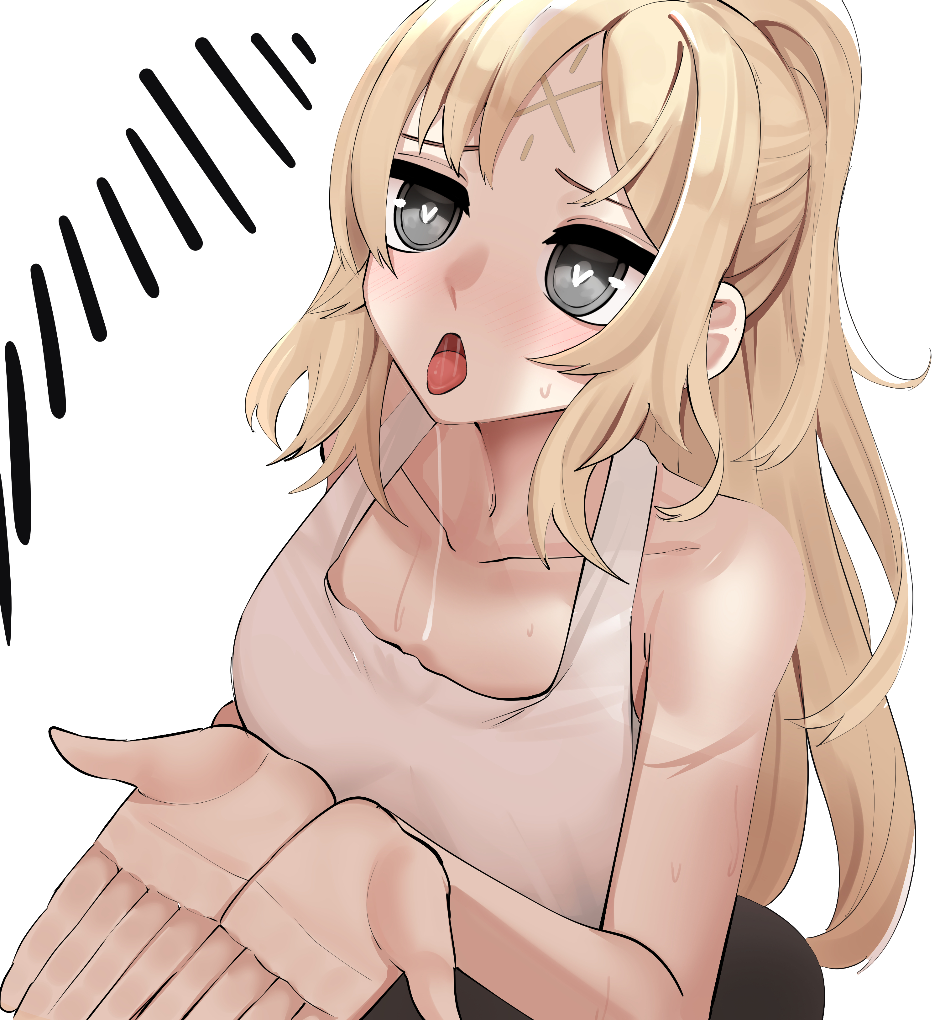 cotan (actancyaga), ecclesia (yu-gi-oh!), yu-gi-oh!, absurdres, highres, 1girl, blonde hair, breasts, cleavage, duel monster, facial mark, forehead mark, grey eyes, large breasts, open mouth, saliva, simple background, solo, tank top, upper body, white background, white tank top