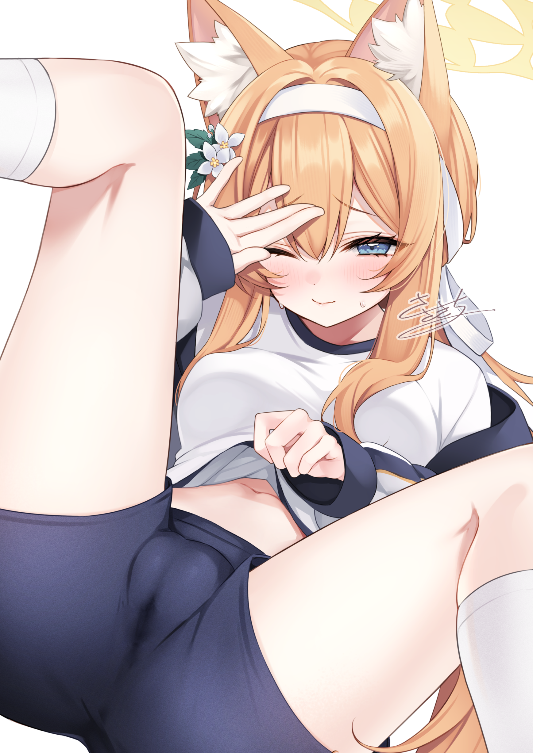 sasakichi (ssk chi), mari (blue archive), mari (track) (blue archive), blue archive, absurdres, highres, 1girl, ;), animal ear fluff, animal ears, black shorts, blue eyes, blush, breasts, cameltoe, cat ears, cat girl, closed mouth, clothes lift, eyelashes, feet out of frame, flower, gym shirt, gym shorts, gym uniform, hair flower, hair ornament, hair ribbon, halo, hand up, jacket, kneehighs, leaf hair ornament, lifting own clothes, long hair, looking at viewer, low ponytail, lying, medium breasts, navel, official alternate costume, official alternate hairstyle, on back, one eye closed, open clothes, open jacket, orange hair, ponytail, ribbon, shirt, shirt lift, shorts, sidelocks, signature, simple background, sleeves past wrists, smile, socks, solo, spread legs, sweat, track jacket, tsurime, very long hair, white background, white flower, white ribbon, white shirt, white socks, yellow halo