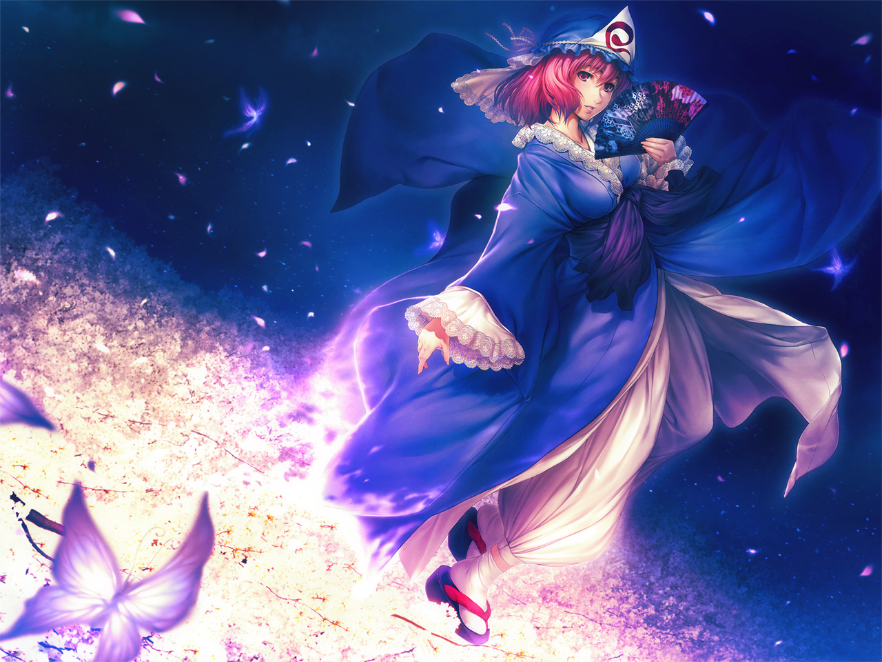simosi, saigyouji yuyuko, touhou, bad id, bad pixiv id, duplicate, 1girl, breasts, bug, butterfly, cherry blossoms, female focus, folding fan, goshoguruma, hand fan, hat, japanese clothes, lace, large breasts, pink eyes, pink hair, red eyes, red hair, saigyouji yuyuko's fan design, shippou (pattern), short hair, solo, tree