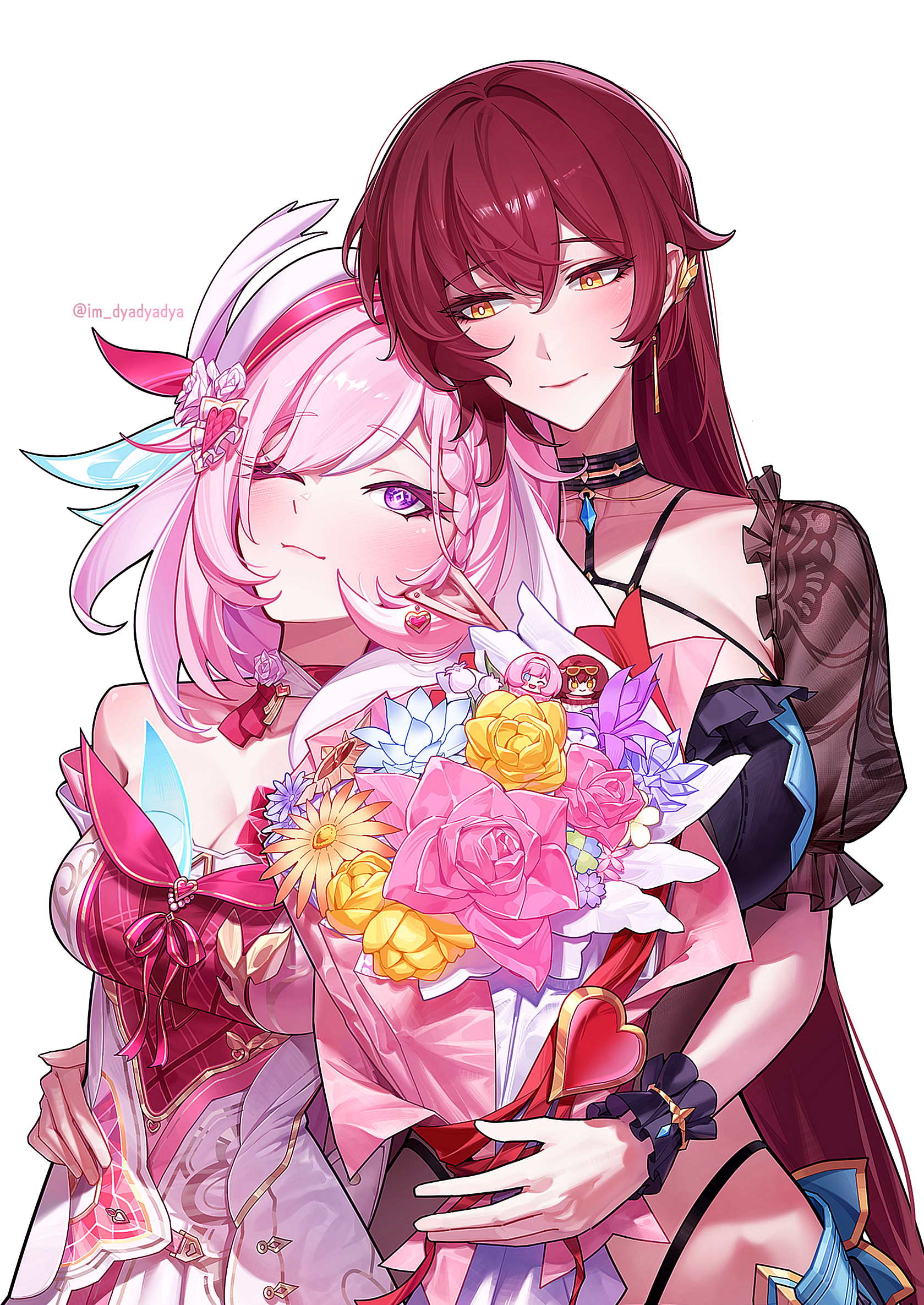 dyadyadya, eden (flowing rhyme) (honkai impact), eden (honkai impact), elysia (honkai impact), honkai (series), honkai impact 3rd, commentary, highres, 2girls, bare shoulders, bouquet, braid, breasts, bright pupils, brown hair, closed mouth, collarbone, cowboy shot, diamond-shaped pupils, diamond (shape), earrings, elysia (hi elf of love) (honkai impact), flower, hair between eyes, hair ornament, heart, heart earrings, jewelry, large breasts, long hair, looking at another, looking up, multicolored hair, multiple girls, official alternate costume, one eye closed, pink hair, pointy ears, purple eyes, simple background, smile, streaked hair, symbol-shaped pupils, white background, white pupils, yellow eyes, yuri