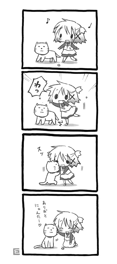 eretto, nyanta (hidamari), yuno (hidamari sketch), hidamari sketch, translated, 00s, 4koma, :3, aged down, comic, greyscale, monochrome, tripping, wide face