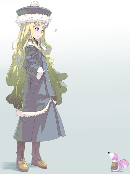 ume (datsuryokugen), gunner (sekaiju), gunner 2 (sekaiju), shimarisu (bonobono), atlus, bonobono, etrian odyssey, 1girl, boots, brown boots, coat, female focus, full body, fur trim, gradient background, knee boots, long hair, long sleeves, pom pom (clothes), simple background, solo, standing, very long hair, winter clothes, winter coat