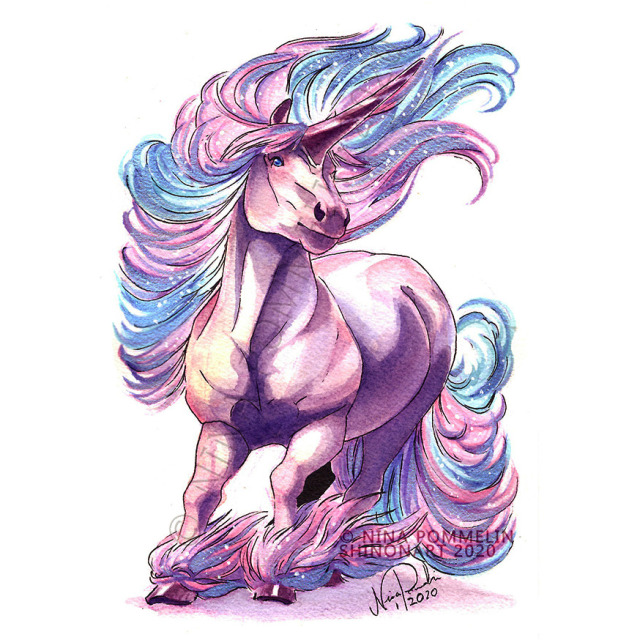 shadeofshinon, galarian rapidash, nintendo, pokemon, traditional media, artist name, blue eyes, dated, full body, galarian form, gen 8 pokemon, horns, horse, no humans, pokemon (creature), single horn, solo, unicorn, watermark, white background