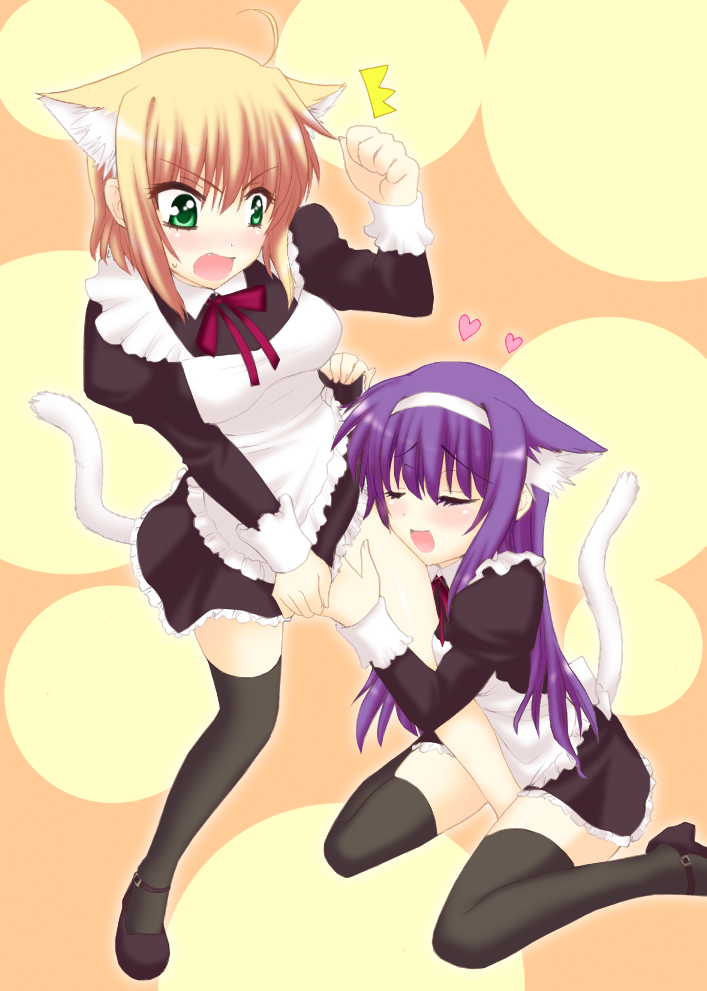 saki chisuzu, arisa bunnings, tsukimura suzuka, lyrical nanoha, mahou shoujo lyrical nanoha, 00s, 2girls, ^^^, animal ears, cat ears, closed eyes, heart, multiple girls, open mouth, smile, thighhighs, yuri, zettai ryouiki