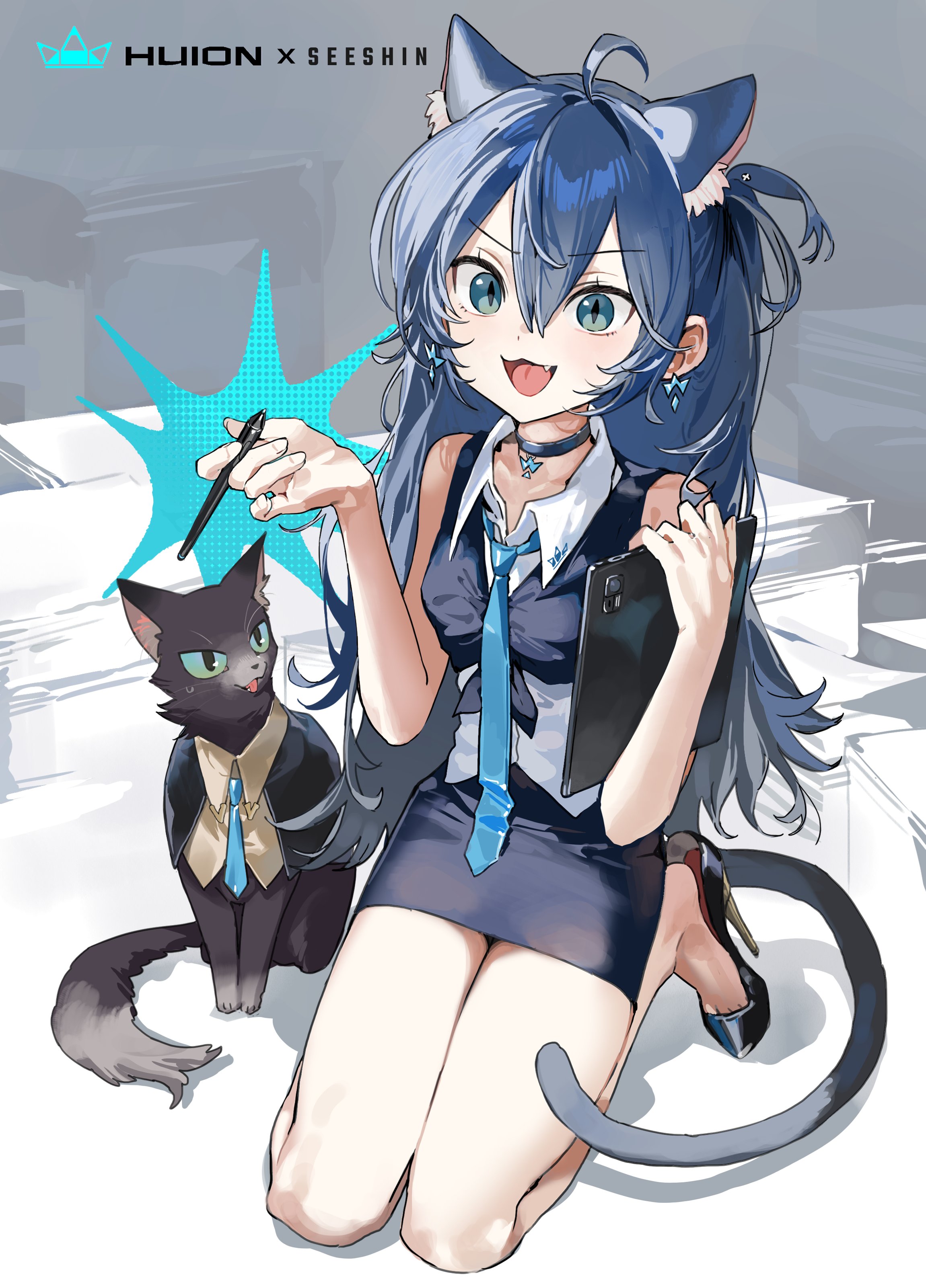 seeshin see, original, absurdres, highres, 1girl, :3, ahoge, animal ear fluff, animal ears, bare legs, black choker, black eyeliner, black skirt, blue hair, blue necktie, blush, cat, cat ears, cat girl, cat tail, choker, collared shirt, dot nose, earrings, extra ears, eyeliner, fang, full body, furrowed brow, green eyes, hair between eyes, high heels, holding, holding pen, holding tablet pc, jewelry, long hair, makeup, necktie, pen, pencil skirt, pump, shirt, sitting, skirt, sleeveless, sleeveless shirt, slit pupils, solo, tablet pc, tail, toes, tongue, white shirt, wide-eyed