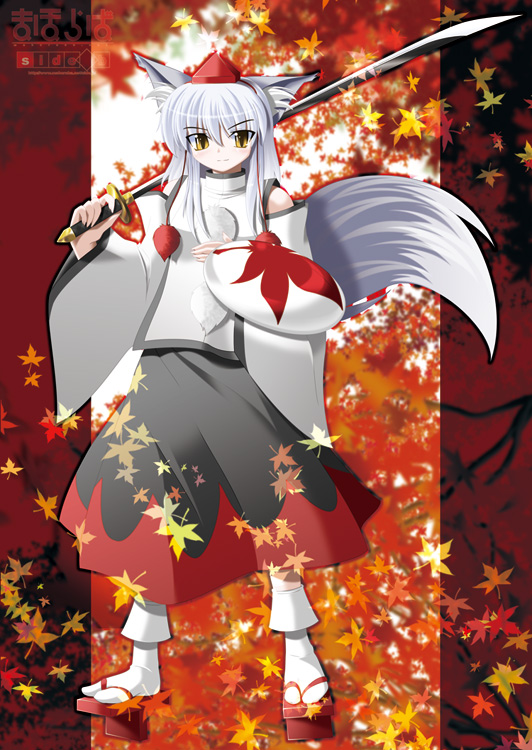 kii (mahoraba), inubashiri momiji, touhou, 1girl, animal ears, female focus, geta, leaf, long skirt, shield, skirt, solo, sword, tail, tengu-geta, weapon, white hair, wolf ears