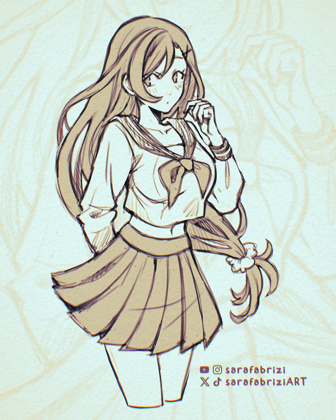 sarafabrizi, tifa lockhart, tifa lockhart (midgard seventh high school), final fantasy, final fantasy vii, final fantasy vii ever crisis, commentary, english commentary, highres, 1girl, arm behind back, artist name, blush, breasts, closed mouth, collarbone, cowboy shot, cropped legs, hair ornament, hair scrunchie, hairclip, large breasts, long hair, looking at viewer, low-tied long hair, midriff peek, miniskirt, monochrome, navel, neckerchief, official alternate costume, pleated skirt, sailor collar, school uniform, scrunchie, serafuku, skirt, solo, twitter username
