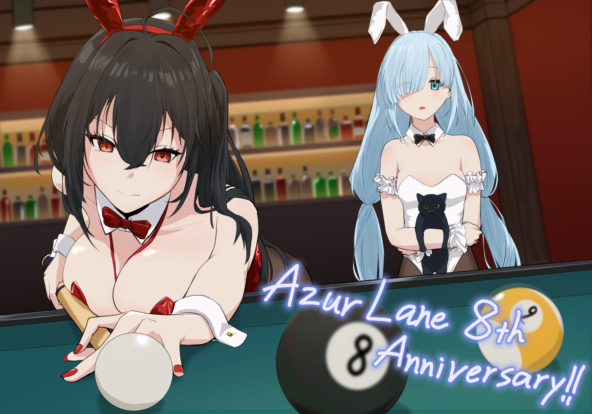misoka1m, janus (a lesson in billiards) (azur lane), janus (azur lane), taihou (azur lane), taihou (fun on the baize) (azur lane), azur lane, commentary request, highres, 2girls, 8-ball, animal, animal ear hairband, animal ears, anniversary, ball, bare shoulders, billiard ball, black cat, black hair, black pantyhose, blue hair, bow, bowtie, breasts, cat, copyright name, cue stick, fake animal ears, green eyes, hair over one eye, hairband, holding, holding animal, holding cat, holding cue stick, huge breasts, indoors, leotard, long hair, multiple girls, official alternate costume, pantyhose, playboy bunny, pool table, rabbit ear hairband, rabbit ears, red bow, red bowtie, red eyes, red leotard, small breasts, strapless, strapless leotard, table, undersized breast cup, very long hair, white leotard, white wrist cuffs, wrist cuffs