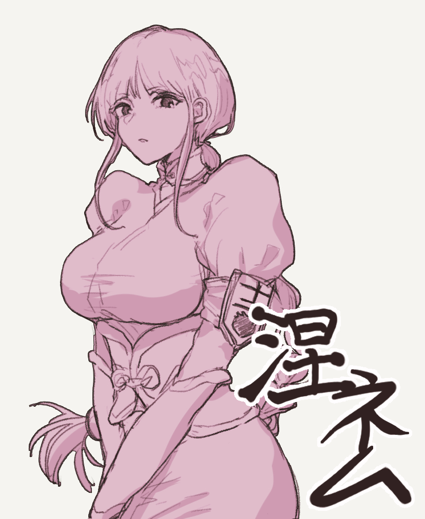 mihonoke 63, kurotsuchi nemu, bleach, bleach: sennen kessen-hen, translation request, 1girl, 2023, braid, braided ponytail, breasts, choker, female focus, japanese text, large breasts, monochrome, puffy sleeves, simple background