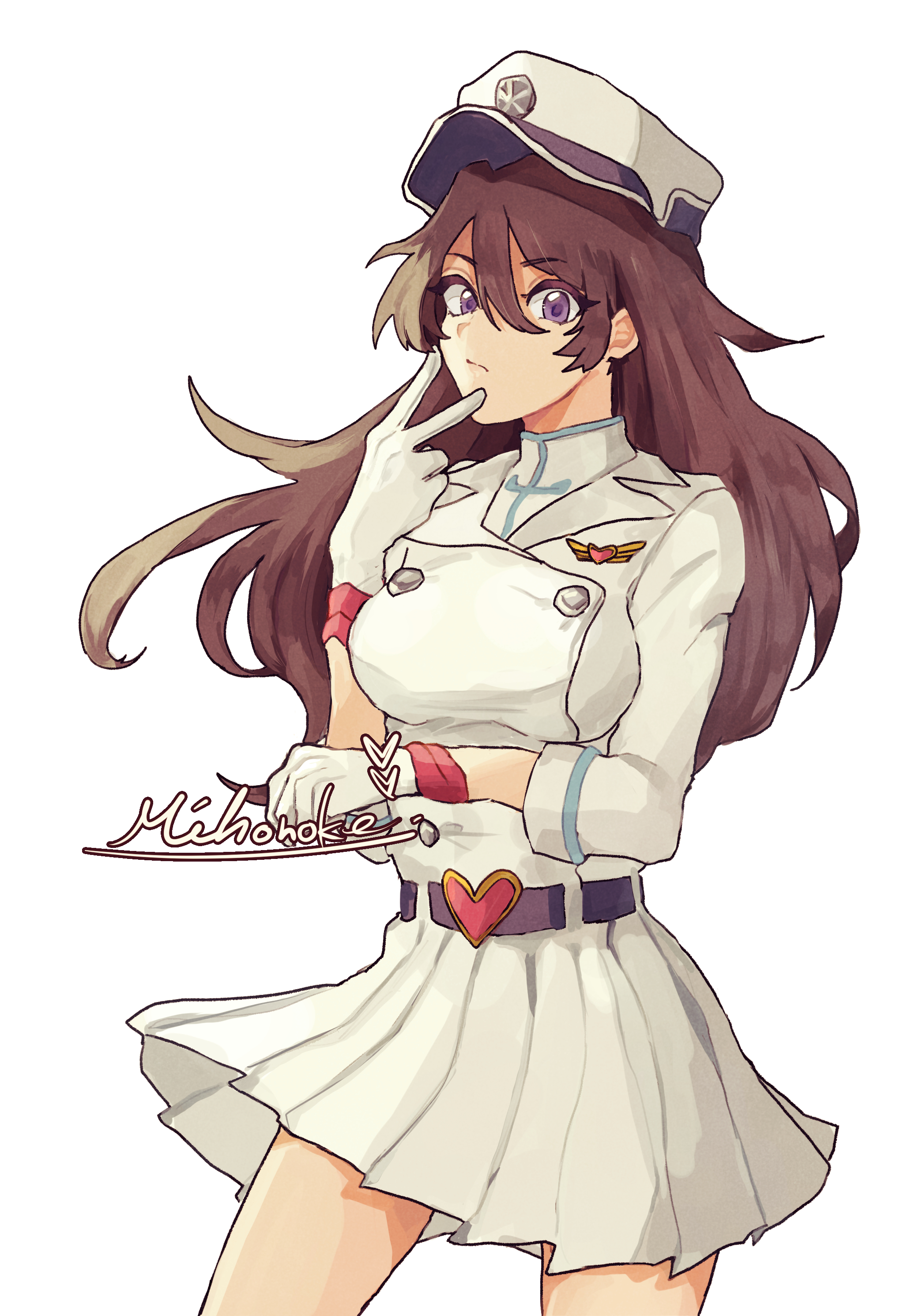 mihonoke 63, bambietta basterbine, bleach, bleach: sennen kessen-hen, 1girl, 2023, belt, black hair, breasts, buckle, female focus, gloves, hat, heart, heart-shaped buckle, large breasts, long hair, military hat, quincy (bleach), simple background, skirt, solo, standing, sternritter, white background, white gloves