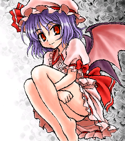 peter (artist), remilia scarlet, touhou, lowres, 1girl, ass, barefoot, female focus, hat, hugging own legs, oekaki, pink hat, skirt, smile, solo, wings