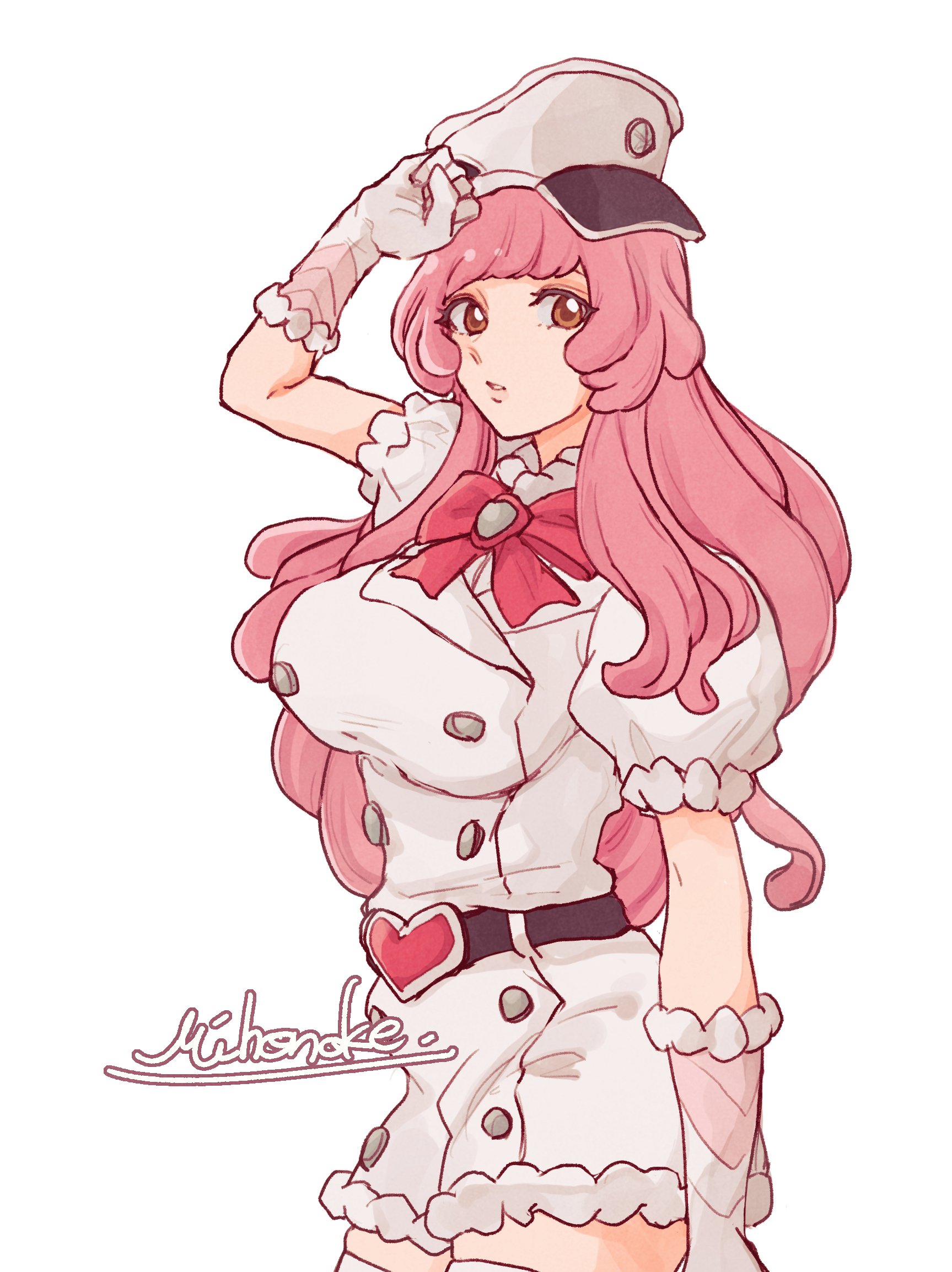 mihonoke 63, meninas mcallon, bleach, bleach: sennen kessen-hen, 1girl, 2024, artist name, belt, bow, breasts, buckle, female focus, gloves, hat, heart, heart-shaped buckle, large breasts, long hair, military hat, pink hair, puffy sleeves, red bow, simple background, white background