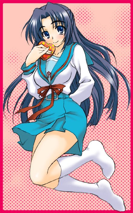 peter (artist), asakura ryoko, suzumiya haruhi no yuuutsu, 00s, 1girl, border, feet, female focus, red border, school uniform, serafuku, socks, solo