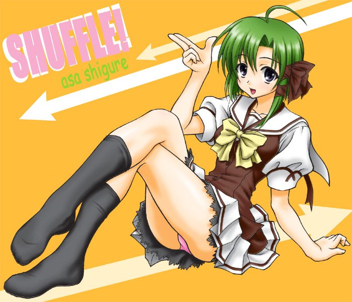 peter (artist), shigure asa, shuffle!, 00s, 1girl, ahoge, crossed legs, feet, female focus, green hair, hair ribbon, panties, pantyshot, purple eyes, ribbon, salute, school uniform, serafuku, short hair, sitting, socks, solo, two-finger salute, underwear