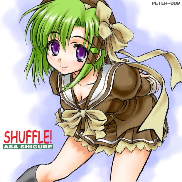 peter (artist), shigure asa, shuffle!, 00s, green hair, hair ribbon, hat, purple eyes, ribbon, school uniform, serafuku, short hair, skirt, solo
