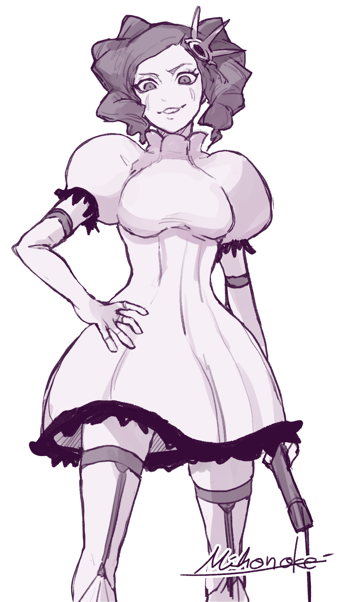 mihonoke 63, cirucci sanderwicci, bleach, 1girl, 2024, arrancar, artist name, breasts, dress, elbow gloves, facial mark, female focus, garter straps, gloves, hair ornament, hand on own hip, holding, holding weapon, puffy sleeves, simple background, twintails, weapon, white background