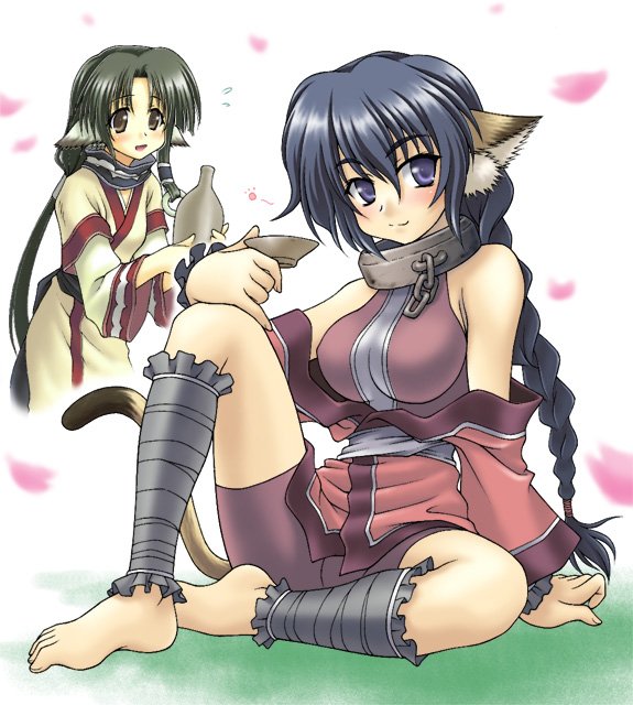 peter (artist), eruruu, karulau, utawarerumono, 00s, 2girls, animal ears, barefoot, collar, dog ears, feet, japanese clothes, layered sleeves, multiple girls