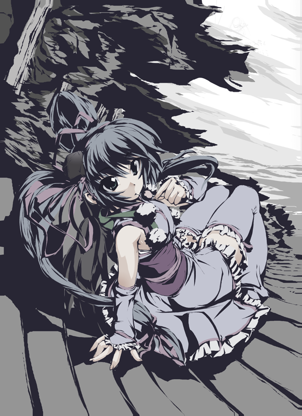 akatsuki shimeji, uju, original, bad id, bad pixiv id, 1girl, dango, female focus, flat color, food, hair ribbon, long hair, ribbon, sitting, sitting on stairs, solo, stairs, takoyaki, tengu, thighhighs, twintails, wagashi, wings, zettai ryouiki