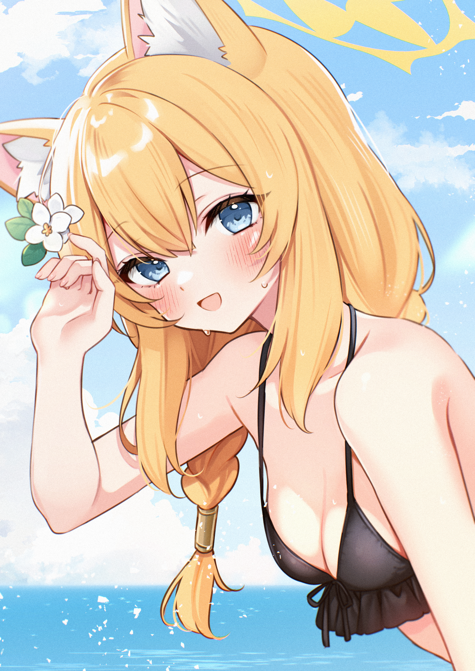 sasakichi (ssk chi), mari (blue archive), blue archive, absurdres, highres, 1girl, :d, alternate costume, animal ear fluff, animal ears, bare shoulders, bikini, black bikini, blue eyes, blue sky, blush, breasts, cat ears, cat girl, cleavage, cloud, day, flower, frilled bikini, frills, from side, hair between eyes, hair flower, hair ornament, halo, hand up, happy, leaf hair ornament, leaning forward, long hair, looking at viewer, low-tied long hair, medium breasts, ocean, open mouth, orange hair, outdoors, sidelocks, sky, smile, solo, swimsuit, upper body, wet, white flower, yellow halo