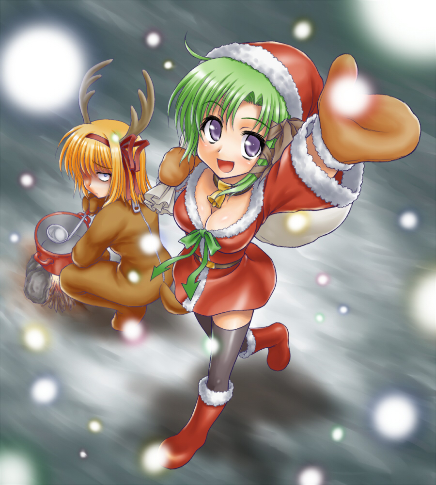 peter (artist), fuyou kaede, shigure asa, shuffle!, 00s, 2girls, animal costume, blue eyes, breasts, christmas, cleavage, green hair, hair ribbon, hat, large breasts, multiple girls, orange hair, purple eyes, red hair, reindeer costume, ribbon, santa costume, short hair, skirt, thighhighs, zettai ryouiki