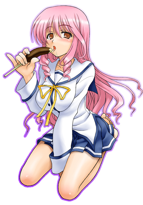 peter (artist), hanasaki akane, da capo, da capo ii, 00s, 1girl, barefoot, brown eyes, chocolate-covered food, chocolate banana, female focus, long hair, pink hair, school uniform, seiza, serafuku, sexually suggestive, sitting, skirt, solo