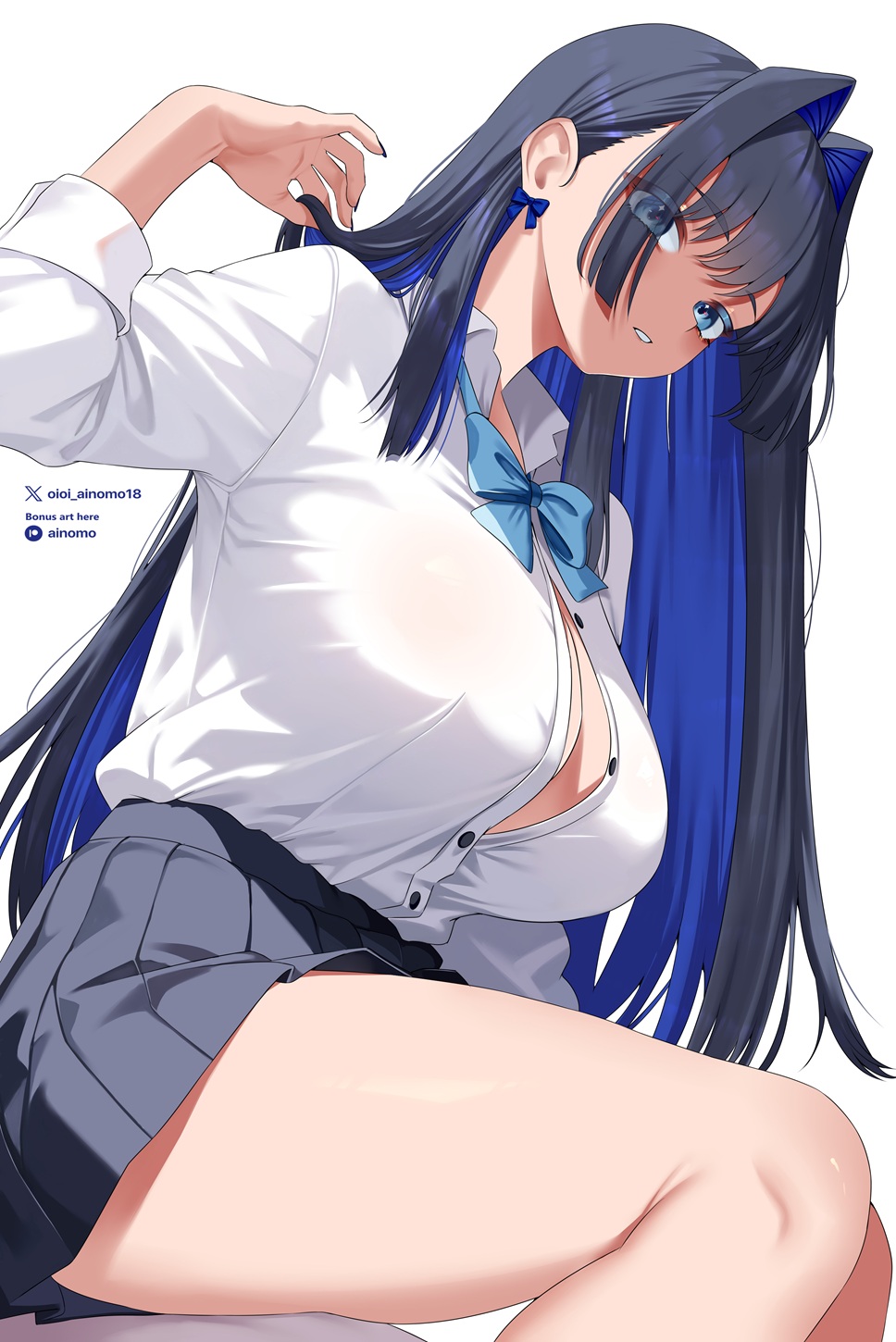 oioi ainomo, ouro kronii, hololive, hololive english, highres, 1girl, black hair, black skirt, blue bow, blue bowtie, blue eyes, blue hair, bow, bowtie, breasts, button gap, ear bow, hair intakes, large breasts, long hair, looking at viewer, miniskirt, multicolored hair, parted lips, pleated skirt, school uniform, shirt, shirt tucked in, simple background, sitting, skirt, solo, thighs, two-tone hair, very long hair, virtual youtuber, white background, white shirt