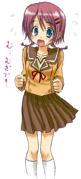 peter (artist), asai mugi, hitohira, white legwear, translated, 00s, 1girl, blue eyes, blush, braid, female focus, flying sweatdrops, hair ornament, hairclip, red hair, school uniform, serafuku, simple background, skirt, solo, twin braids